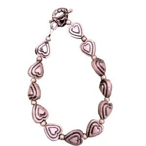 Vintage Silver Tone Metal Heart Bead Bracelet Valentines Day 8 inch